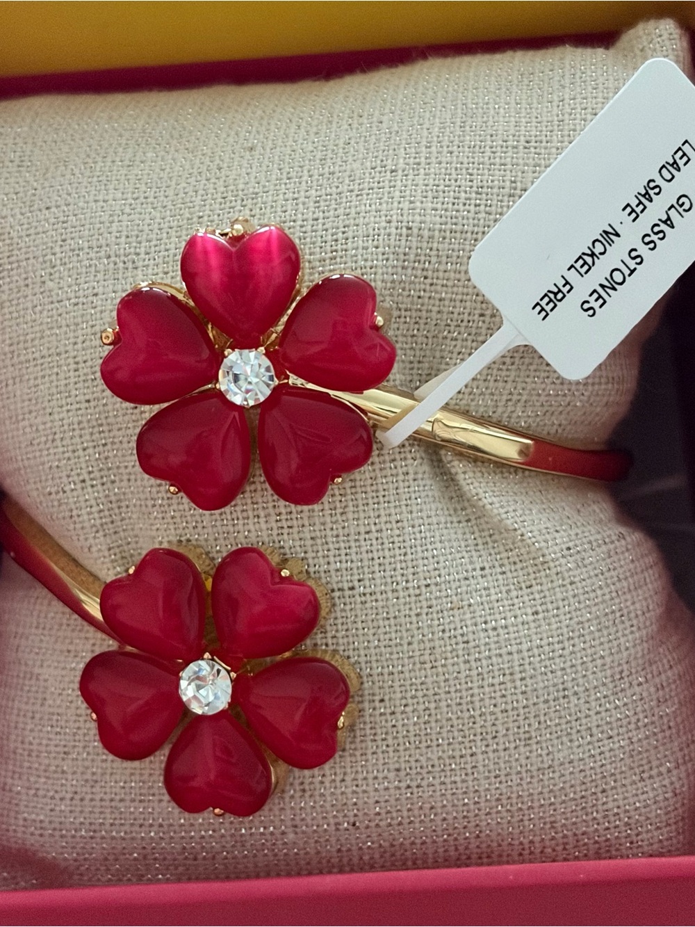 Gold-Tone Bracelet with Red Heart-Petal Flowers
